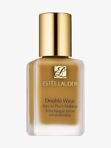 Estée Lauder Double Wear Stay-in-Place Foundation bottle of foundation with gold cap on light gray background